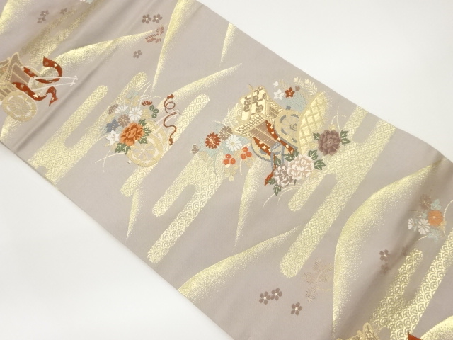 御所車に花車・花々模様織出し名古屋帯